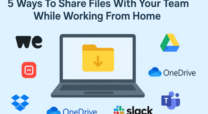 Laptop displaying file-sharing options with logos of WeTransfer, Dropbox, Google Drive, OneDrive, Slack, and Microsoft Teams, emphasizing ways to share files while working from home.