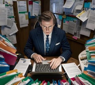 Man in a suit working on a laptop surrounded by disorganized folders and documents, illustrating challenges in file management and secure file storage.