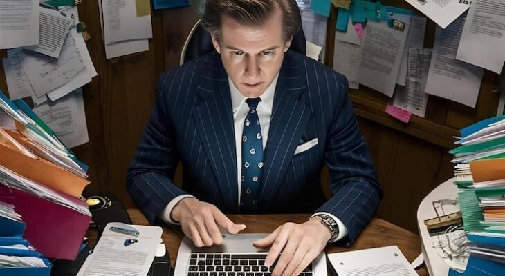 Man in a pinstriped suit working on a laptop surrounded by piles of colorful folders and documents, illustrating the importance of effective file management in technology and business.