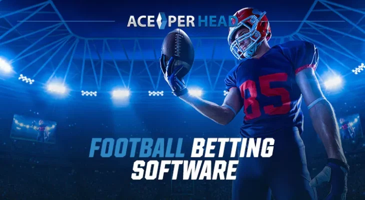 NFL player in uniform holding a football, with "Football Betting Software" text and "Ace Per Head" logo, highlighting technology in sports betting.