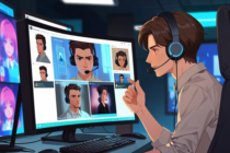 Man wearing a headset engaged in a video call, surrounded by digital avatars on a computer screen, illustrating online communication and tech innovations.