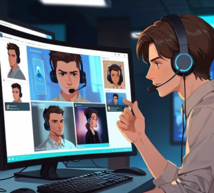 Man with headset engaging in digital communication, interacting with streaming avatars on computer screen, highlighting advancements in real-time digital communication.