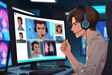 Man using headset at computer, engaging in digital communication with avatars, reflecting advancements in tech innovations and real-time interaction.