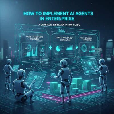 Robots analyzing data and planning phases for implementing AI agents in enterprise, with digital interface displaying strategies, development, and integration processes.