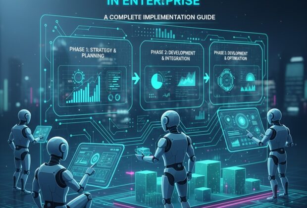Robots analyzing digital interface displaying phases of AI implementation in enterprise, including strategy, development, and optimization.